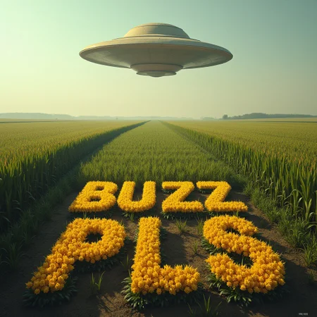a farm crop and a ufo in the distance, emblazoned on the ground in bold, yellow letters saying "BUZZ PLS"