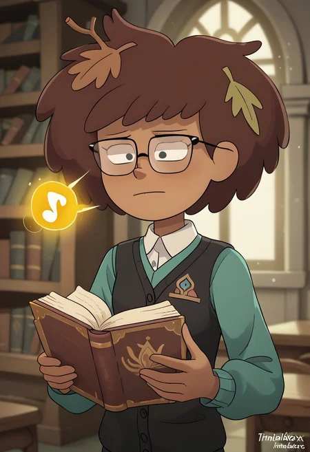 score_9, score_8, score_7, score_6,
triplevexx, solo, anneboonchuy, brown hair, dark-skinned female, leaf hair ornament, short hair
Character Description: A young woman with glasses and a curious expression, surrounded by books.
Outfit: A vintage dress with lace details and a cardigan, carrying a stack of ancient tomes.
Action: She is reading an open book, with glowing symbols floating around her.
Background: A grand library filled with towering shelves and magical artifacts.
Composition Details: Soft, warm lighting creates an inviting atmosphere, with a medium shot to capture her expression and the floating symbols.