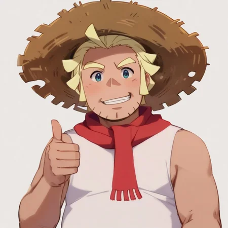Zpdxl3, Score_7_up, score_8_up, upper body, 
BREAK,
 1boy, Mohn, mature male, blonde hair, stubble, straw hat, white sleeveless shirt, looking at viewer, [chubby], scarf, (thumbs up), simple background,