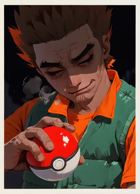 (by spearmintaii:1.2), masterpiece, best quality, flat color,  thick eyelashes, blurry background, depth of field, dark background, texture, pastels, white border, halftone, impasto, textured foreground, textured hair, no lineart, no outline,dark theme,shaded eyes, eyes closed,
BREAK

dynamic angle, 1boy, solo, brock\(pokemon\), mature male, brown skin, narrowed eyes, head tilt, kaogei,(disappointed:1.3),smirk, breath, nostrils, furrowed brow, close up, face focus, holding poke_ball, dark orange t-shirt green vest, outstretched arm,