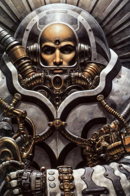 juangimenez1 illustration. A man in a metallic, segmented suit with mechanical components such as tubes, gears, and a central oval device. The face is partially visible behind a metallic mask. He holds a metallic scepter in his arm. The background has an abstract, fan-like pattern. <lora:juangimenez1_cap_d8a4e12:1.0><lora:857649592118866014:0>