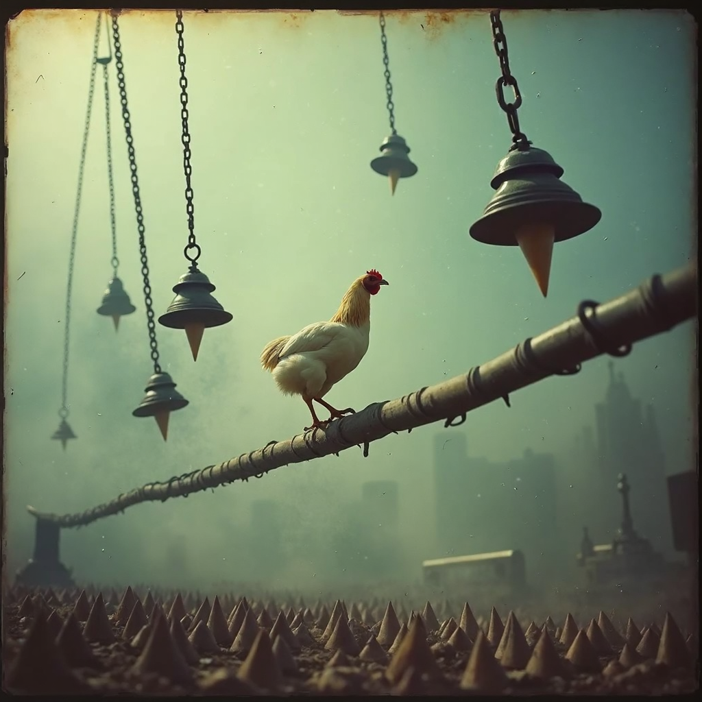 (analog grainy film still taken on polaroid film, vhs footage low quality, Analog distortion effect, Retro video quality) 

A chicken ventures forth on a slender, trembling beam, its heart racing as it navigates the perilous path. Enormous, menacing pendulums with sharp, gleaming spikes swing menacingly around it, each swing bringing them closer to the fragile bird. Below, a bed of deadly spikes protrudes from the ground, ready to impale anything that falls. The air is thick with danger, every movement of the chicken echoing the tension, as the pendulums crash down with an ear-piercing clang, ensuring the stakes are higher than ever.

(analog grainy film still taken on polaroid film, vhs footage low quality, Analog distortion effect, Retro video quality) 
