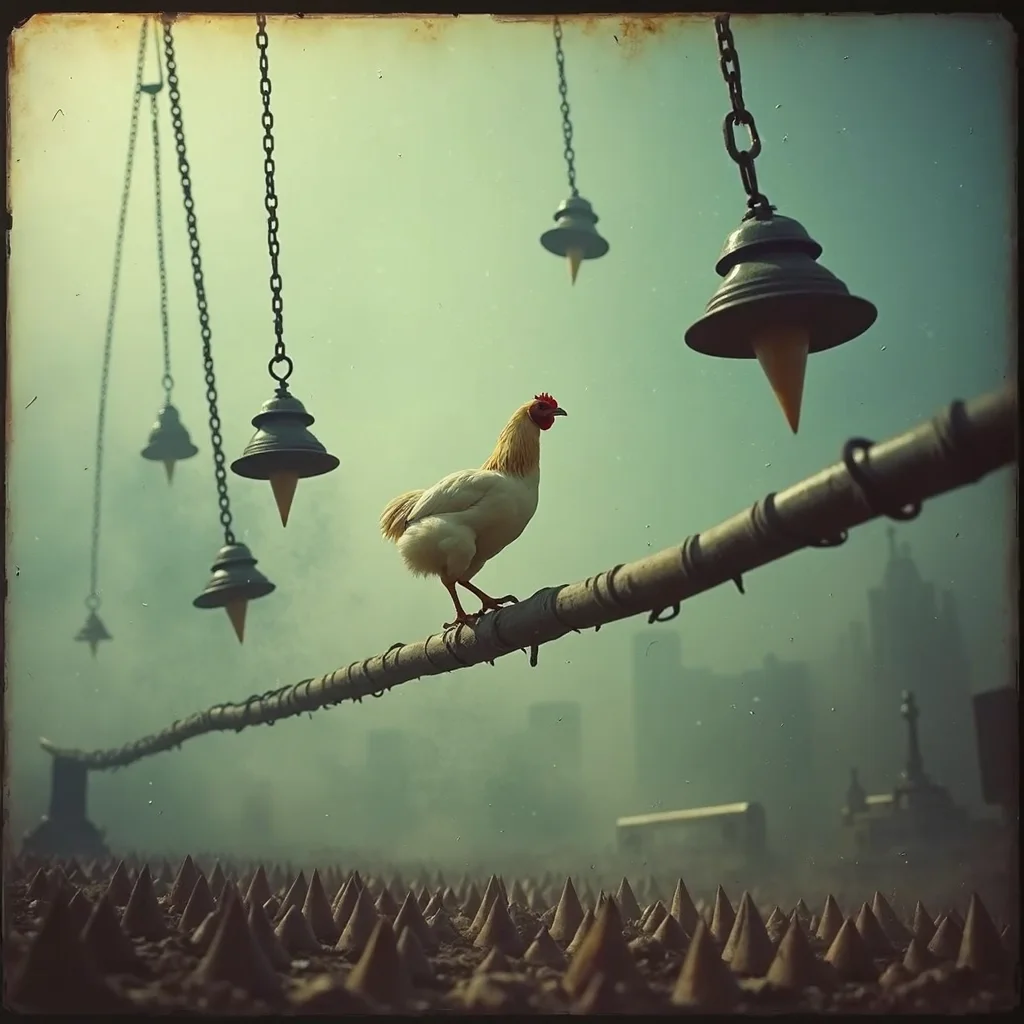 (analog grainy film still taken on polaroid film, vhs footage low quality, Analog distortion effect, Retro video quality)
A chicken ventures forth on a slender, trembling beam, its heart racing as it navigates the perilous path. Enormous, menacing pendulums with sharp, gleaming spikes swing menacingly around it, each swing bringing them closer to the fragile bird. Below, a bed of deadly spikes protrudes from the ground, ready to impale anything that falls. The air is thick with danger, every movement of the chicken echoing the tension, as the pendulums crash down with an ear-piercing clang, ensuring the stakes are higher than ever.
(analog grainy film still taken on polaroid film, vhs footage low quality, Analog distortion effect, Retro video quality)