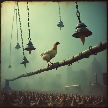 (analog grainy film still taken on polaroid film, vhs footage low quality, Analog distortion effect, Retro video quality) 

A chicken ventures forth on a slender, trembling beam, its heart racing as it navigates the perilous path. Enormous, menacing pendulums with sharp, gleaming spikes swing menacingly around it, each swing bringing them closer to the fragile bird. Below, a bed of deadly spikes protrudes from the ground, ready to impale anything that falls. The air is thick with danger, every movement of the chicken echoing the tension, as the pendulums crash down with an ear-piercing clang, ensuring the stakes are higher than ever.

(analog grainy film still taken on polaroid film, vhs footage low quality, Analog distortion effect, Retro video quality) 