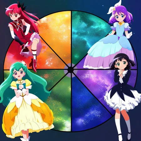 masterpiece, best quality,
source_anime, deep colors,
high quality, high resolution, detailed, highres, highly detailed, intricate details,
(color_wheel_challenge:1.2), multiple girls, magical girls, mahou shoujo,
red hair, pink hair, orange hair, yellow hair, green hair, cyan hair, blue hair, purple hair, violet hair, black hair,
red dress, pink dress, orange dress, yellow dress, green dress, cyan dress, blue dress, purple dress, violet dress, black dress,