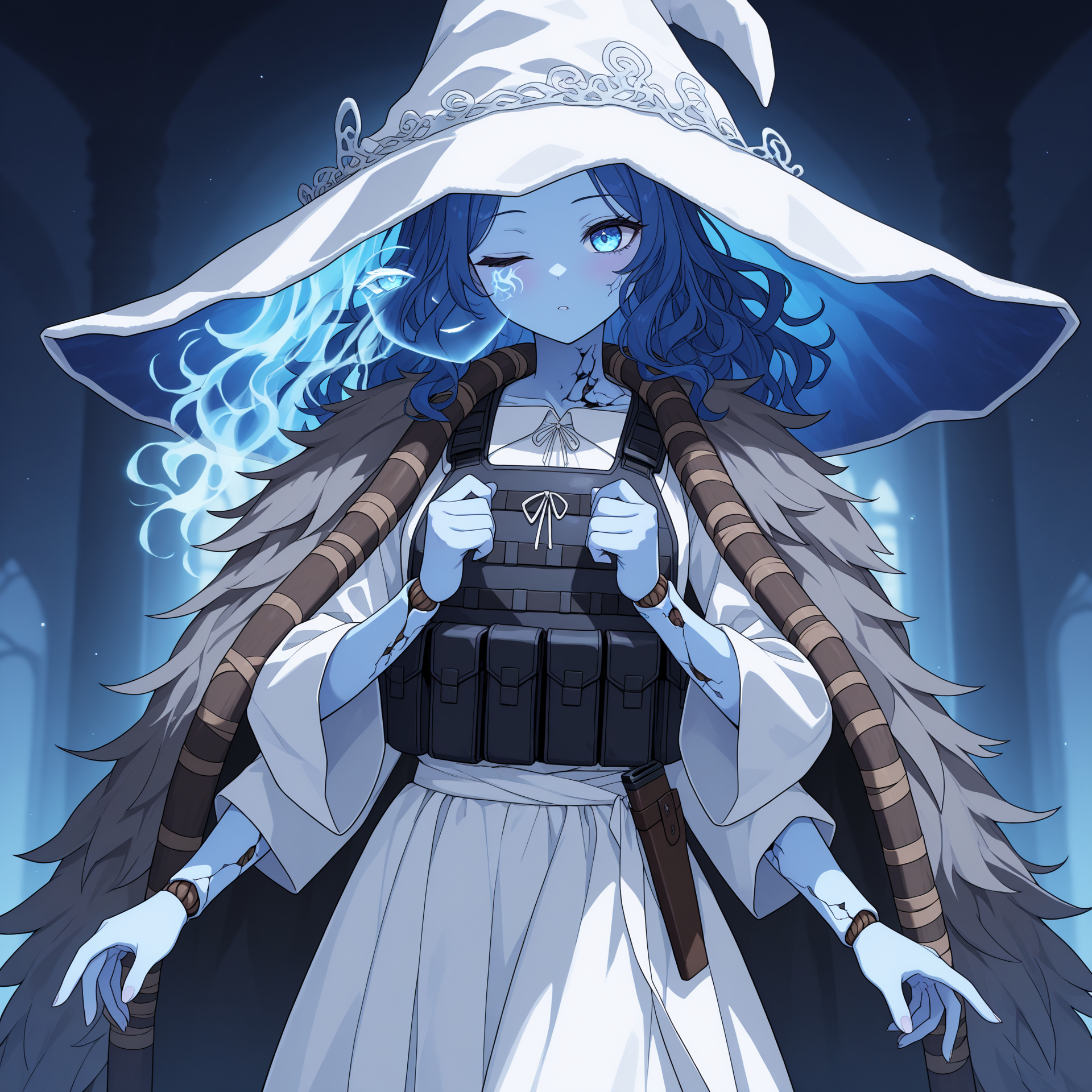 masterpiece, best quality, amazing quality, very aesthetic, high resolution, ultra-detailed, absurdres, newest, official wallpaper, 1girl, <lora:Ranni_illusXLNoobAI_Incrs_v1:1> RnnDef, blue eyes, one eye closed, blue hair, wavy hair, (4 arms:1.2), extra faces, ghost face, blue skin, colored skin, cracked skin, doll joints, witch hat, large hat, white headwear, white dress, long sleeves, fur cloak, brown cloak, <lora:TactFit [NOOBAI]:0.8> tactfit, black bulletproof vest, assault rifle, BREAK, foreshortening, extremely detailed clothes, detailed eyes, detailed skin, detailed hair, masterpiece, best quality, amazing quality, very aesthetic, high resolution, ultra-detailed, absurdres, newest, volumetric lighting, official wallpaper