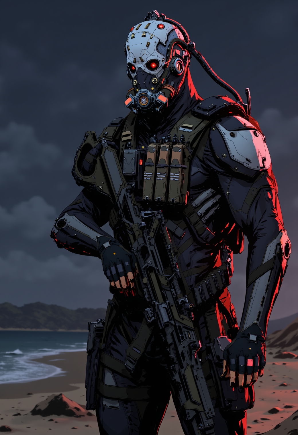 <lora:ck-cyber-relic-000015:1>, in the style of ckcr, sleek futuristic cyborg combat diver wearing a dual mode diver mask with a mares backmount and scuba gear, full kit with magazine pouches, wearing a tactical automatic rifle. standing on a hostile warzone beach at night. the diver is adorned with intricate, mechanical components, giving it a highly advanced, industrial look, with glowing red diodes and LEDs and a sleek matte gunmetal paint, dark cinematic mood
