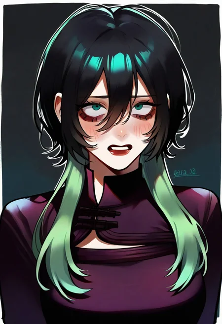 score_9, score_8_up, score_7_up, score_6_up,   woman, fully clothed, large breasts,long hair,   utsuro_gokurakugai, long wolf cut, short hair with long locks, two-tone hair, multicolored hair, layered hair, hair between eyes, gradient hair, black hair, green hair, modern cheongsam, form-fitting, geometric evil background, white border around image, space horror, eerie ambiance, evil space, horror evil scary, scary pg image,