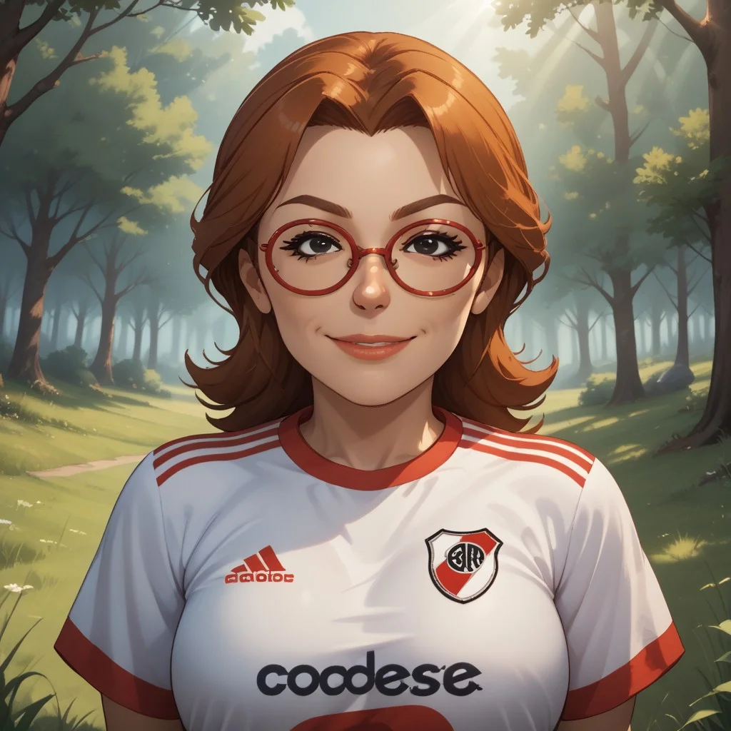 score_9, score_8, BREAK, solo, wii, mii, wii sports, 1girl, female mii, black eyes, auburn hair, brown eyebrows, red glasses, lips, RiverPlate, striped shirt, striped, shirt, white shirt, short sleeves, clothes writing, sportswear, soccer uniform, nintendo mii, modern_mii, classic_mii, breasts, yoshi_(wii_sports), adult female, mature female, sexy pose, self portrait, smile, outdoors, sunlight, shadows, evening lighting, natural lighting, forest, trees, grass, orange sky, sunset