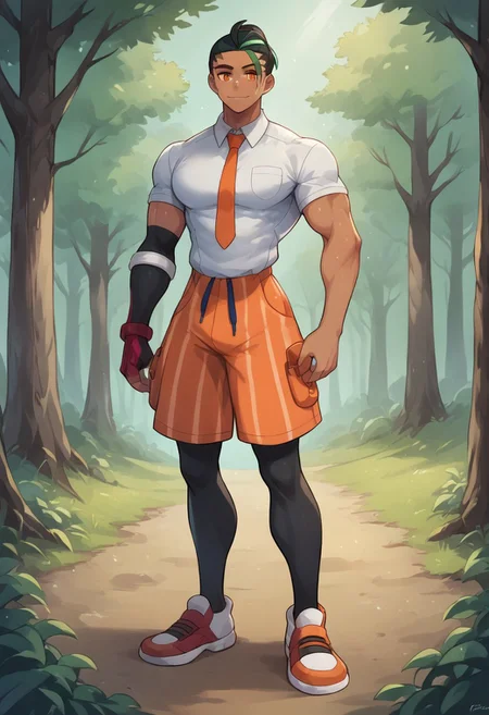 8k, score_9, score_8_up, score_7_up, 1boy, solo, male focus, fully body, high contrast, perfect eyes,
Nemona, Naranja academy uniform, white shirt, orange shorts, single glove, pantyhose, multicolored footwear, orange necktie
outdoor background, forest background,
handsome, very muscular male, huge pecs, broad shoulders, wide shoulders, narrow waist, angled view,