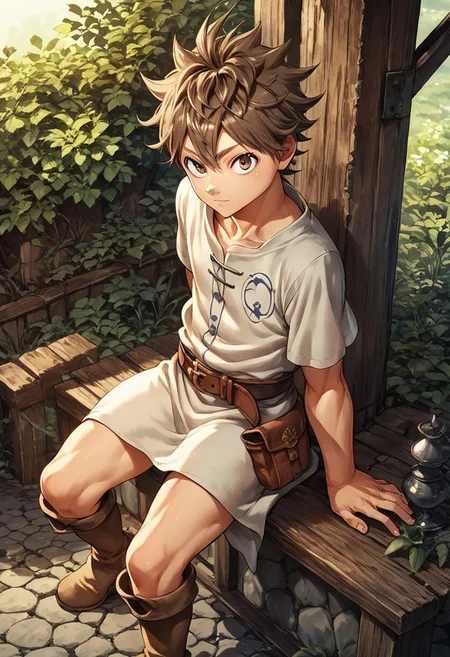 score_9, score_8_up, score_7_up, 1boy, solo, cute boy, brown hair, brown eyes, tunic, belt, bare thighs, boots, Yuki_Tabata_Style