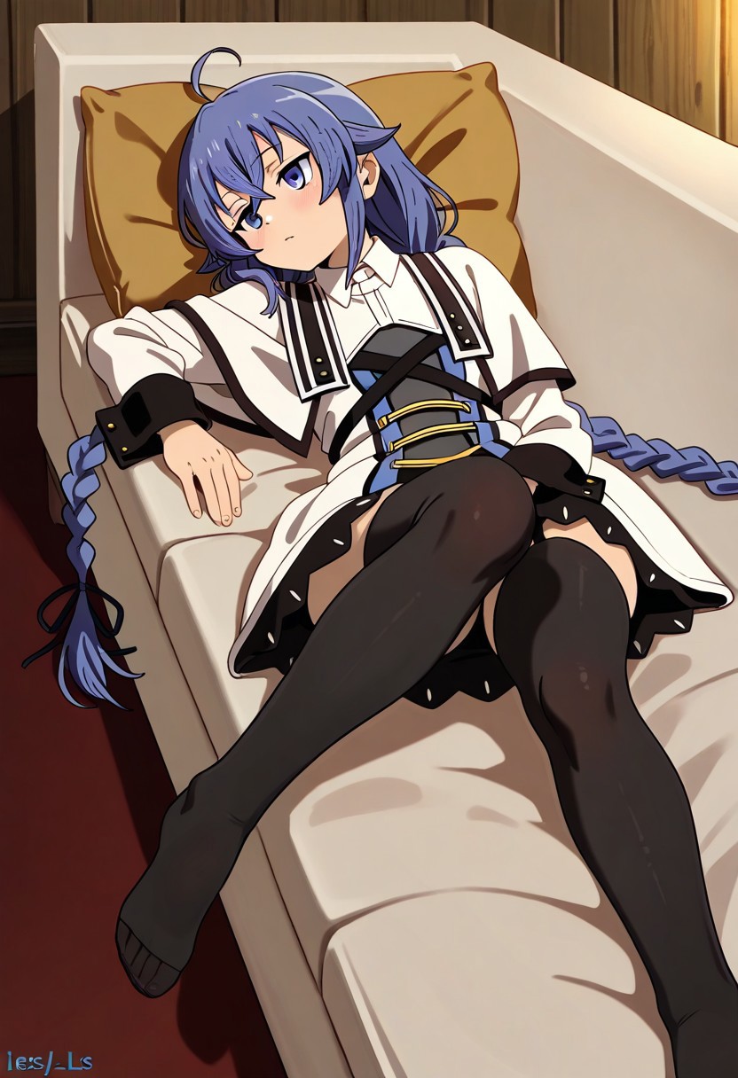 1girl, roxy migurdia, mushoku tensei, lounging, couch, stockings, relaxed, blue hair, mage outfit, on the bed, bent legs, black stockings, legs slightly apart, front view, lies