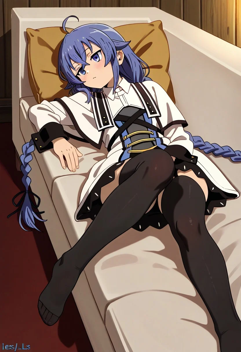 1girl, roxy migurdia, mushoku tensei, lounging, couch, stockings, relaxed, blue hair, mage outfit, on the bed, bent legs, black stockings, legs slightly apart, front view, lies