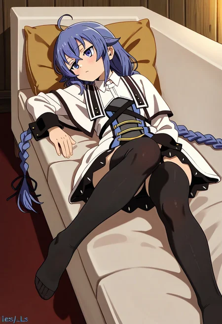 1girl, roxy migurdia, mushoku tensei, lounging, couch, stockings, relaxed, blue hair, mage outfit, on the bed, bent legs, black stockings, legs slightly apart, front view, lies