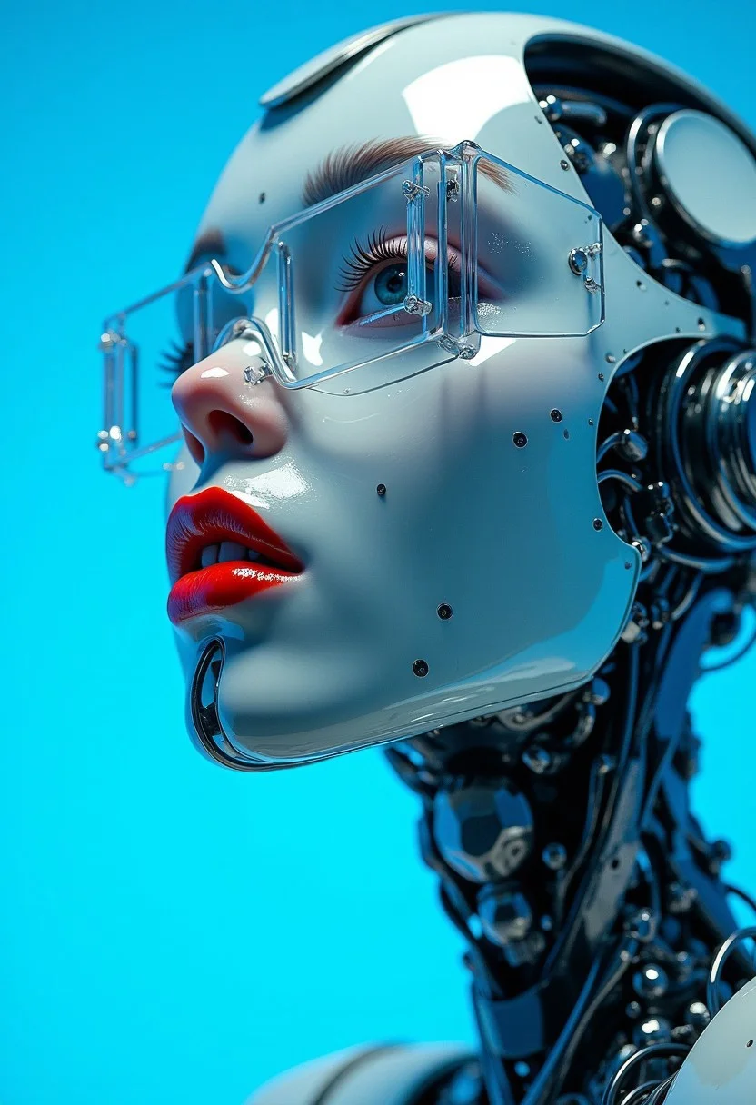 arob,robot,cyborg,metal,steel,cyberpunk,anime,mythp0rt, A close-up shot, portrait orientation, of an androgynous figure against a vibrant cerulean blue background. The lips are painted a hyper realistic, glossy red, contrasting sharply with the cool tones of the glass and skin.  The lighting is ethereal and otherworldly, casting subtle shadows and highlighting the texture of the glass. The overall effect is both alluring and unsettling, prompting the viewer to question the nature of identity and the masks we wear.