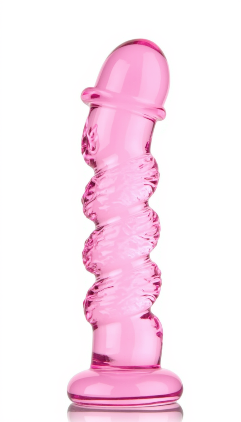 The image is a high-resolution photograph of a glass sex toy in the shape of a phallus, designed in a vibrant pink color. The toy is made from clear glass with a swirling, textured pattern that gives it a slightly iridescent quality, catching the light and creating a mesmerizing, almost hypnotic appearance. The glass has a smooth, rounded base that transitions into a more textured, twisted body, resembling a spiral or twisted rope design. The top of the toy features a bulbous, flared end, giving it a rounded, realistic appearance. The material is translucent, allowing the viewer to see some light passing through it, adding to its visually appealing, almost ethereal quality.