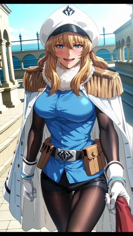 2d, fantasy-style, (zPDXL2), (((dynamic pose))), (((dynamic angle))), (((sehele style))), webtoon, anime, centered, 1girl, 1woman, ppsh, smiling, open mouth, holding hand, 1girl, 1girl out of frame, leading after herself, blush, long hair, blonde hair, blue eyes, white hat, white fur trim, white cape, yellow epaulettes, blue top, big breasts, black sleeves, white gloves, bracelets, belt, poaches, black pantyhose, modern city background, <lora:sd_xl_dpo_lora_v1:1>, <lora:OMG-Is-DucHaiten_v1.0:0.1>, <lora:Seunghee_Lee_Style_PDXL:0.4>, <lora:ManhwaSDXL:1.5>, <lora:ppsh_PonyXL:0.8>