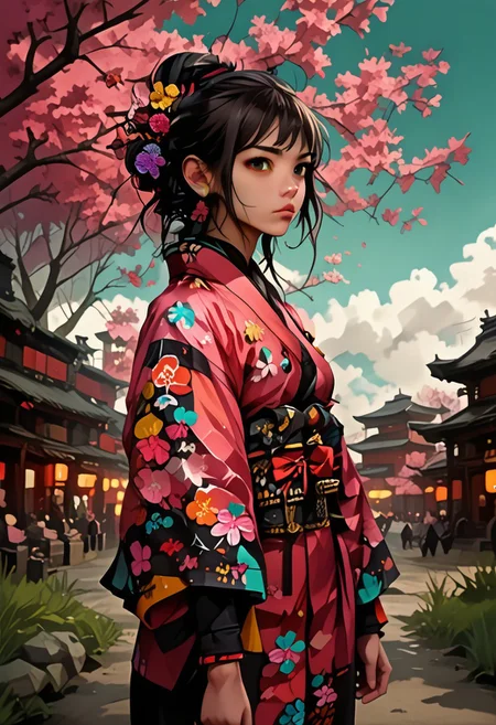 score_9, score_8_up, score_7_up, FFDAC, 1girl, solo, colorful kimono, cherry blossoms, battlefield