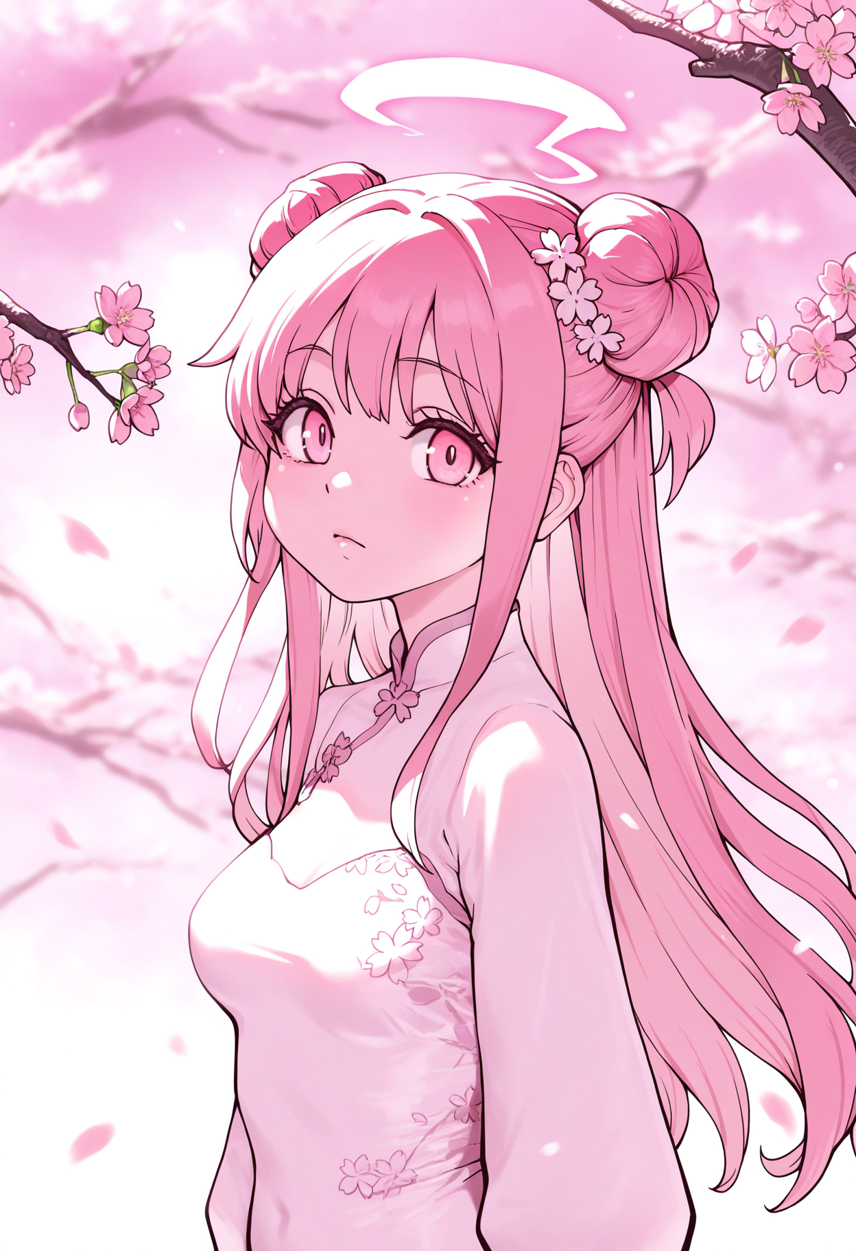 masterpiece,best quality,amazing quality,
solo, 1girl, cherry blossoms, upper body, looking at viewer, branch, dress, double bun, long hair, flower, pink theme, hair bun, closed mouth, halo, hair ornament,
 <lora:Shiwasu_no_Okina:1>