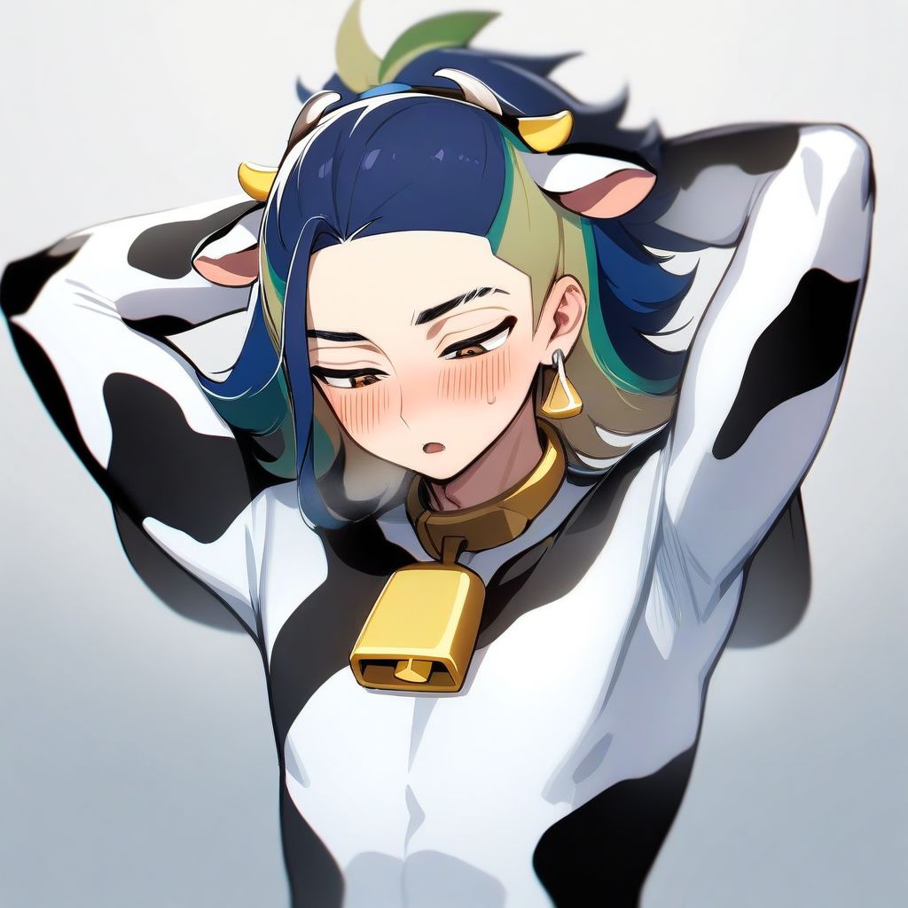 1boy, male focus, brown eyes, multicolored hair, half updo, blue hair, green hair, earring, aesthetic, very aesthetic, absurdres, best quality, solo, :o, blush, half-closed eyes, looking down, hands behind head, armpit, blush, cow print, cow print bodysuit, white bodysuit, cow ears, cowbell, cow, fake animal ears, fake horns
