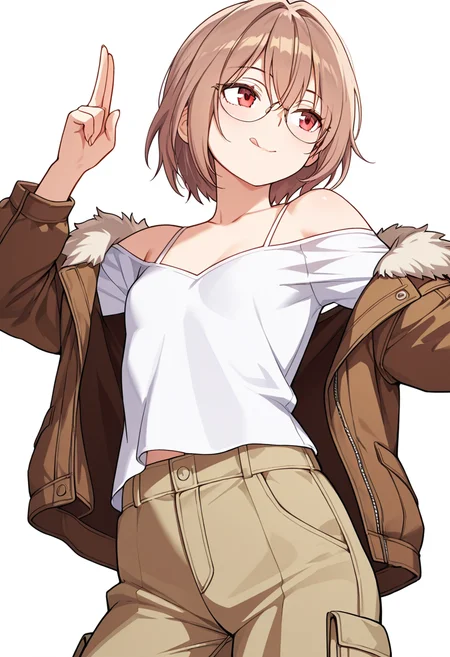Smooth Quality,masterpiece,very intricate, high quality details, ultra realistic, high detailed skin,detailed enviorement,absurdres,
simple background, white background, dancing,skindentation, solo,from below,two-finger salute,
<lora:Young-Joo_CNR:0.8> young_joo_cnr, 1girl, brown hair, short hair, red eyes, glasses, young_juniform_cnr, off-shoulder top, ,fur-trimmed jacket, ,cargo pants, ,, sulking,, :q,