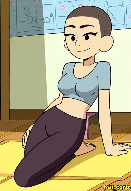 masterpiece, best quality, absurdes, 1girl, solo, rating_explicit, full body,
source_cartoon,
<lora:Kat (Craig of the Creek) (Illust):0.8> Kat_CotC, black eyes, freckles, very short hair, smile, black eyes,
beautiful, cute, crop top, midriff, yoga pants, indoors, smile, mature female, medium breasts,
<lora:Detailer_NoobAI_Incrs_v1:0.4> detailed,