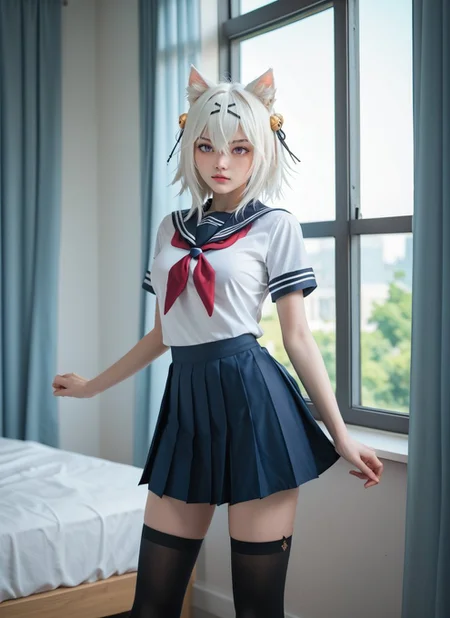 score_9, score_8_up, score_7_up, score_6_up,<lora:more_details:1> (more_details),,,, <lora:Filian_for_PonyXL:0.8>, filian, solo, hair bell, hair ornament, white hair, school uniform, blue miniskirt, black thighhighs, bangs, cat ears, hair between eyes, short sleeves, curtains, window,shirt, neckerchief, hair ribbon, big breasts