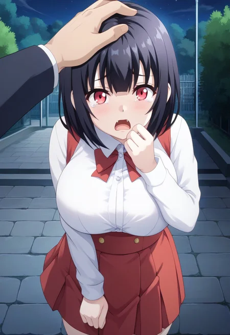 score_9,score_8_up,score_7_up,score_6_up, source_anime, BREAK,
(headpat, 2girl pov hands), (upper body shot),
Hiraki Hanako, solo, 1girl, (large breasts), (shortstack), pale skin, short hair, black hair, bangs, red eyes, fangs, school uniform, collared shirt, white shirt, long sleeves, high-waist skirt, suspenders, red skirt, mini skirt, white socks, loafers,
surprised, (tears:1.2), (tear drops), looking up, crows pose,
outdoors, (at night:1.3),