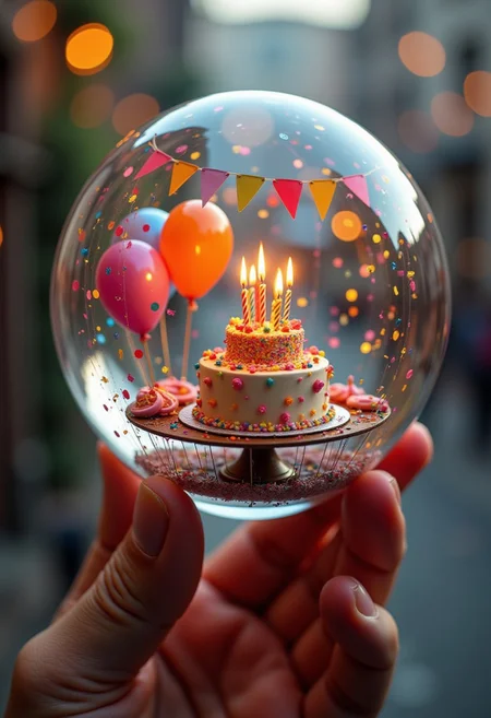 Create a high-quality, hyper-realistic, and extremely detailed image of a birthday party contained within a glass orb. The orb is held in a hand, and the image is slightly zoomed out to showcase the entire sphere. The party scene is richly detailed, with a vibrant birthday cake, colorful balloons, streamers, and a table set with party favors and snacks. The glass orb is perfectly clear, with subtle reflections and refractions that enhance the realism of the scene. The hand holding the orb is realistically rendered, with visible muscle definition and fine details. The background is a soft, blurred environment, drawing focus to the orb. The lighting is warm and festive, with the party decorations and cake candles casting gentle, celebratory reflections within the orb, creating a joyful and inviting atmosphere.