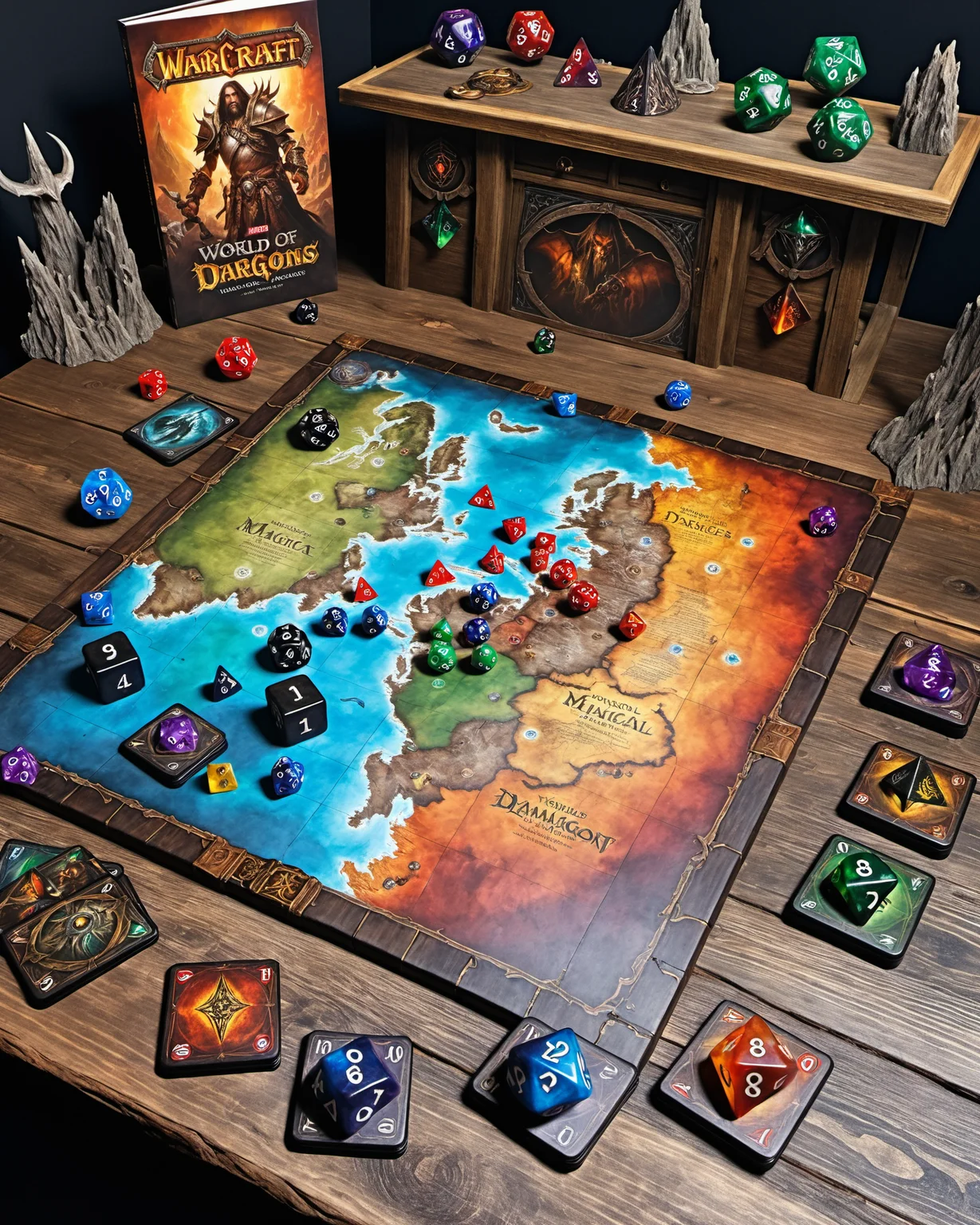 top view of an enormous large living real magical Dungeons & Dragons tabletop board game with Warhammer hero miniature figurines, Magic the Gathering game cards, monster miniatures, torn and worn, map looks to be floating off the paper, sitting on a worn vintage wooden wizard's desk, magical multicolored ink, high quality, imagination, 8k, fantasy art, vivid magical colors, colorful gaming dice, World of Warcraft, Lord of the Rings