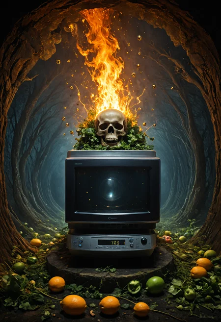 Horror-themed ((({A animals Dynamic, Instead of heating food, this Reverse Microwave instantly freezes items placed inside; it has an exterior resembling traditional microwaves but with frosty designs.)
(((with exaggerated expressions))) With Higgs Boson Bubbles: Tiny bubbles of the 'God particle' float around this fruit, giving mass to nearby objects., Starburst Effect: Narrow your aperture (e.g., f/16 or smaller) when shooting bright lights like street lamps or sunlight peeking through trees. This creates star-shaped flares around light sources for magical effects..(dynamic:1.1),sun rays,(taken by 4mm fisheye lens:1.1),
(Vivid, HDR, Canon50, 8K, Hyper Realistic, Dramatic, Epic, Dynamic Contrast, Cinematic Lighting, increased brightness)(((Zoomed Out, Far away Shot))) = =. Epic dynamic lighting , vibrant,highly detailed,psychedelic,((Psychedelic, rainbow glow ))
((Vivid, Epic, Dynamic contrast)) (((Zoomed out, Far away shot, In frame)), (((Cinematic, Studio lighting, Contrast)))
<lora:rundiffusionXL_beta:0.8><lora:epicrealismXL_v5Ultimate:0.8><lora:crystalClearXL_ccxl:0.9>
<lora:extremely_detailed:0.8> extremely detailed
<lora:hyperkraximalism:0.6> hyperkraximalism
<lora:JuggerCineXL2:0.8> Movie Still, Film Still, Cinematic, Cinematic Shot, Cinematic Lighting
<lora:xl_more_art-full_v1:0.2> <lora:RMSDXL_Darkness_Cinema:0.1>
<lora:HellAI_XL:0.6> HellAI, skull, fire, demon, monster, - Generate images with sharp edges and fine details.
- Produce high-resolution images with no blurriness or distortions.
- Create images with clear and well-defined subjects.
- Ensure that the output images have crisp lines and distinct features.
- Generate images with vibrant colors and accurate tones.
- Avoid noise or artifacts in the generated images.
- Focus on producing clear textures and patterns in the images.
- Emphasize clarity and definition in all aspects of the generated images.
- Prioritize the sharpness and clarity of the main subjects in the images.
- Optimize the AI model to produce clear and visually appealing images., Wlop, By art germ . Eerie, unsettling, dark, spooky, suspenseful, grim, highly detailed