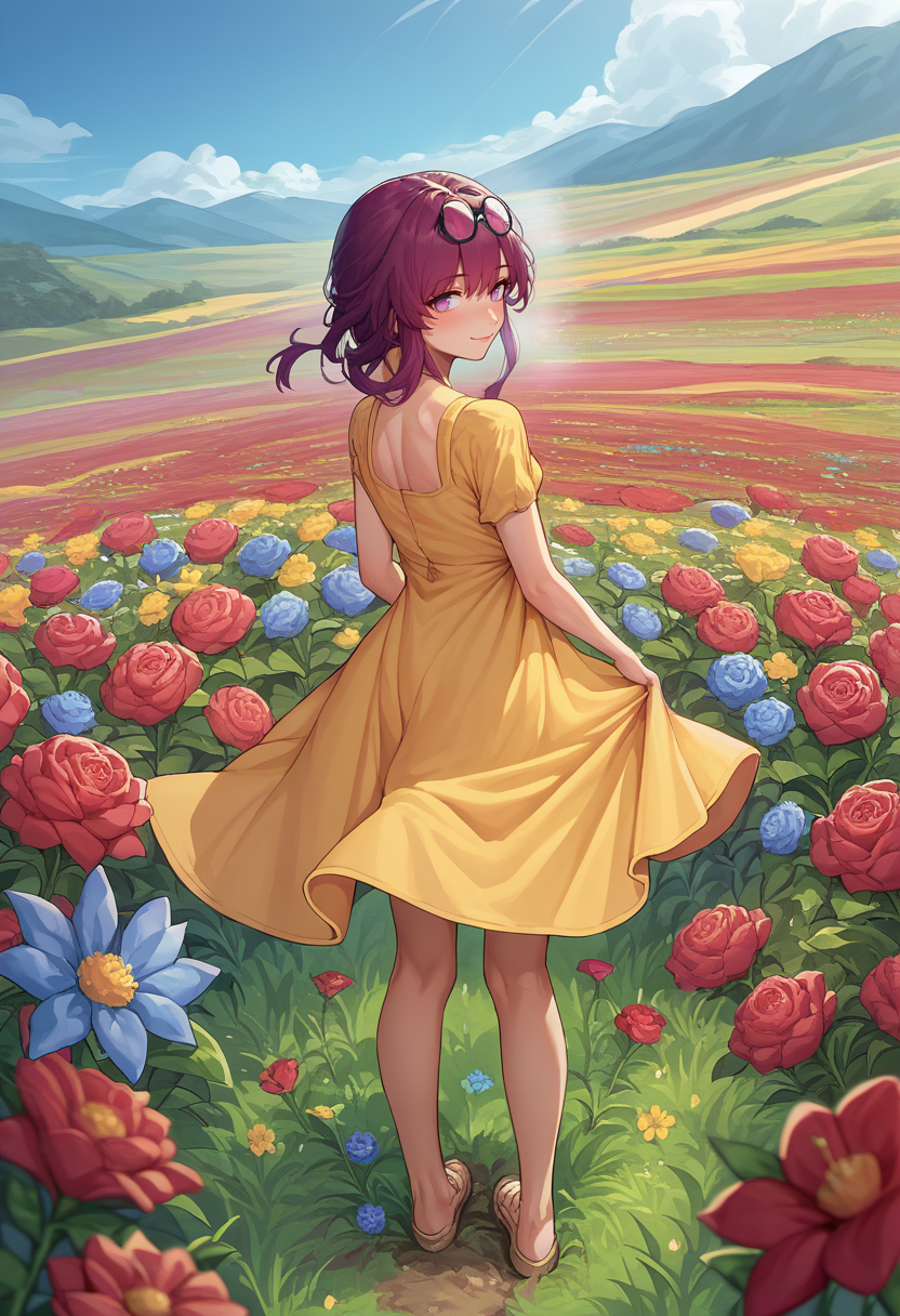 score_9, score_8_up, score_7_up, source_anime, <lora:Kafka-000008:1>, kafkadef, 1girl, solo,  purple eyes, bangs, full body, eyewear on head, yellow sundress, flowers, colorful flowers, red flowers, blue flowers, field, from behind, looking back, smile, blush, blush, cold