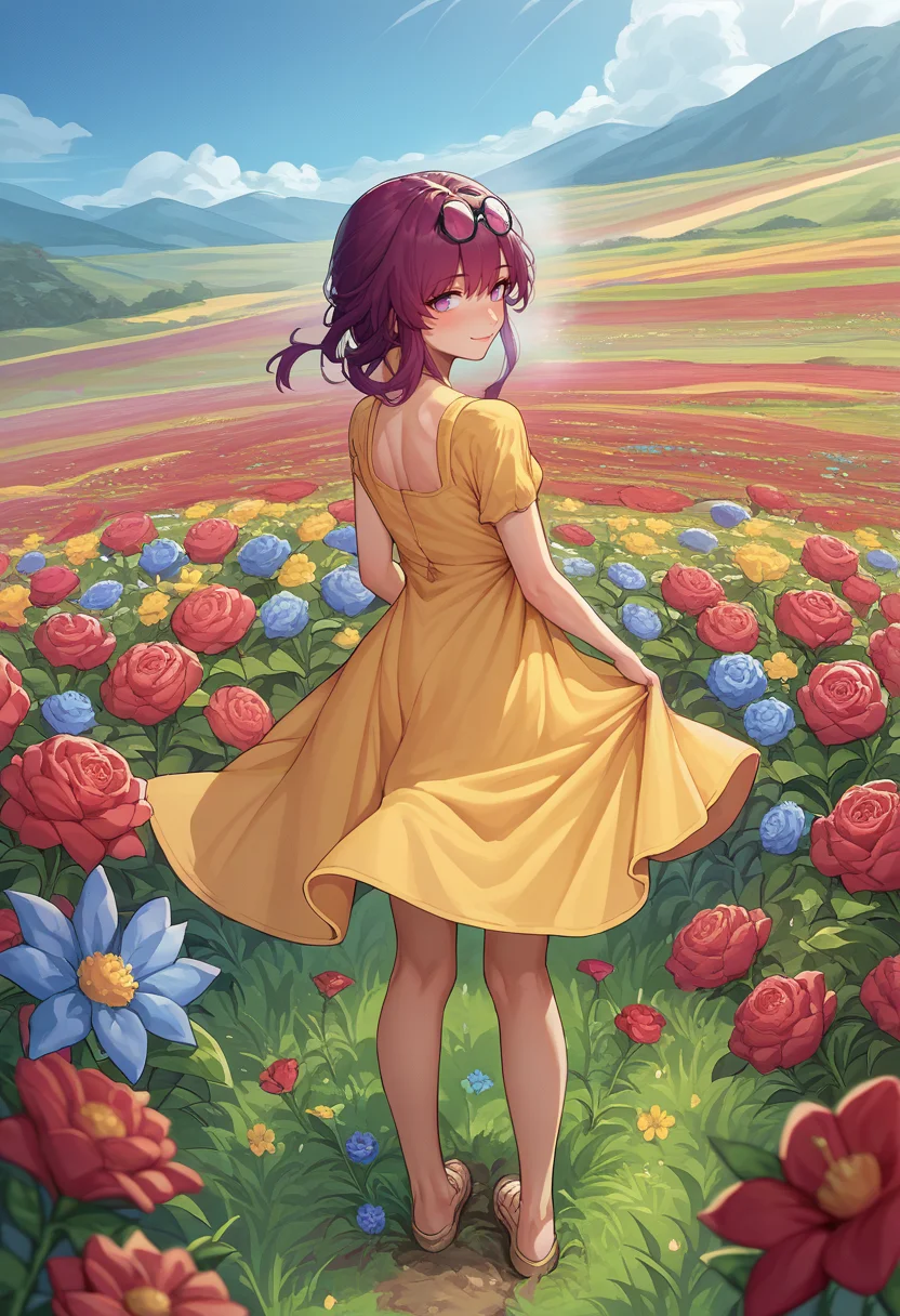 score_9, score_8_up, score_7_up, source_anime, <lora:Kafka-000008:1>, kafkadef, 1girl, solo,  purple eyes, bangs, full body, eyewear on head, yellow sundress, flowers, colorful flowers, red flowers, blue flowers, field, from behind, looking back, smile, blush, blush, cold
