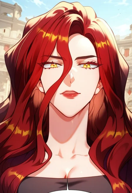 High detail, masterpiece, high detail face, score_9,score_8_up,score_7_up, (manhwa artstyle), ChaHeera, yellow eyes, red iris, rad hair, wavy hair, long hair, Battle uniform, cowboy shot, looking at viewer, outdoor, light
