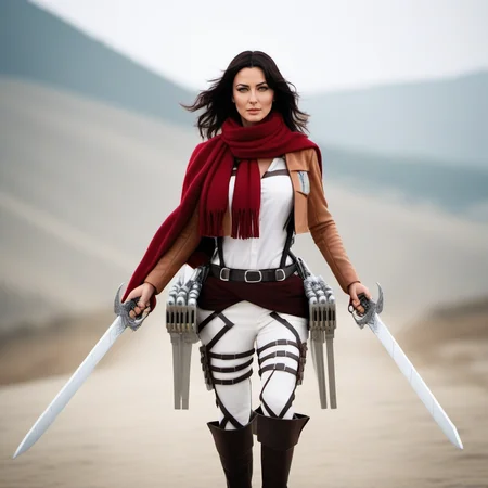 cinematic photo full body young monica bellucci wears a red scarf in a costume, holds two swords, attack on titan <lora:AoT1024:0.8> . 35mm photograph, film, bokeh, professional, 4k, highly detailed