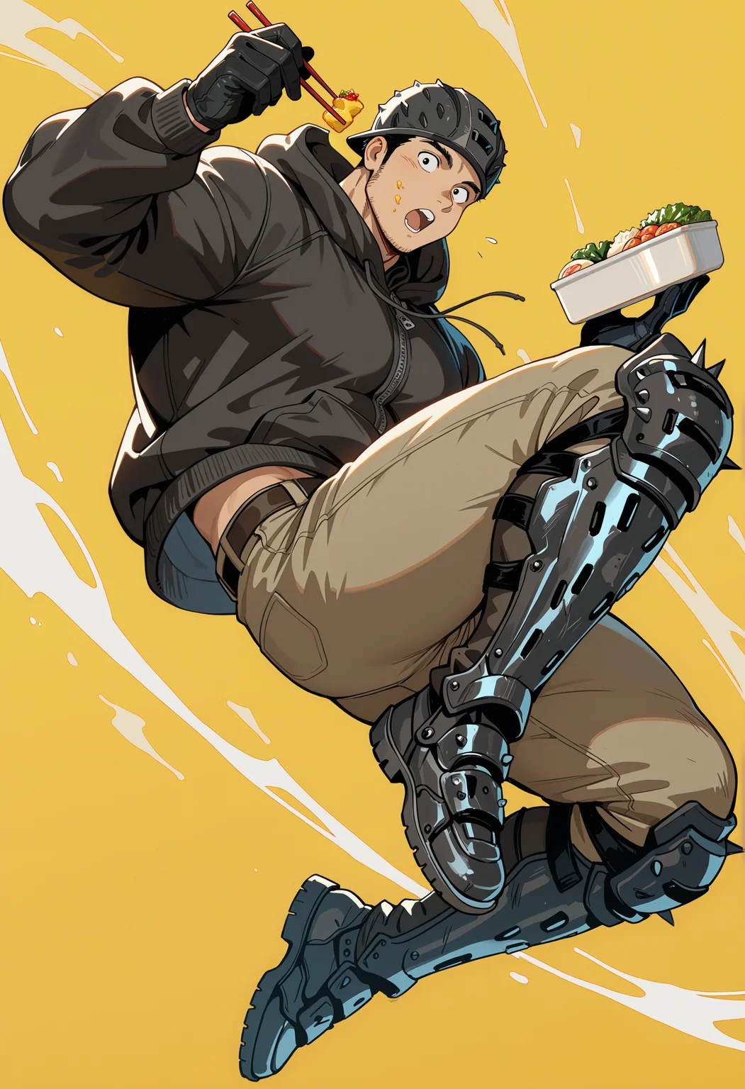 masterpiece, best quality, newest, absurdres, highres, very awa, 1boy, male focus, aikawa \(dorohedoro\), solo, pants, brown pants, bara, chopsticks, full body, holding, hood, food, midriff peek, baseball cap, muscular male, muscular, jacket, holding chopsticks, hat, open mouth, bento, gloves, boots, thighs, yellow background, hooded jacket, hood down, beanie, black gloves, greaves, hoodie, looking at viewer, pectorals, midair, facial hair, jumping, eating
