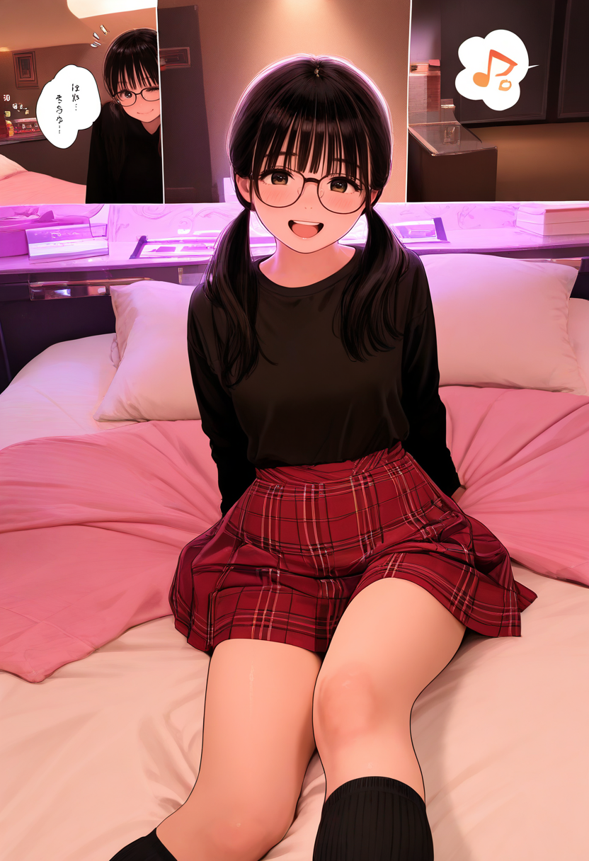 1girl, glasses, black hair, long hair, black t-shirt, long sleeves, plaid skirt, red skirt, black kneehighs, zettai ryouiki, ribbon, twintails,happy, laughing, looking at viewer, steam, 
indoors, lovehotel, tissue box, LHbedpanel, glowing, bed, pillow, blanket, comic, multiple scenes, motion lines, action lines, sound effect, speech bubble, thought bubble, 
masterpiece, best quality, amazing quality, very aesthetic, absurdres, newest,
<lora:lovehotel_Illustrious_V1P:1>