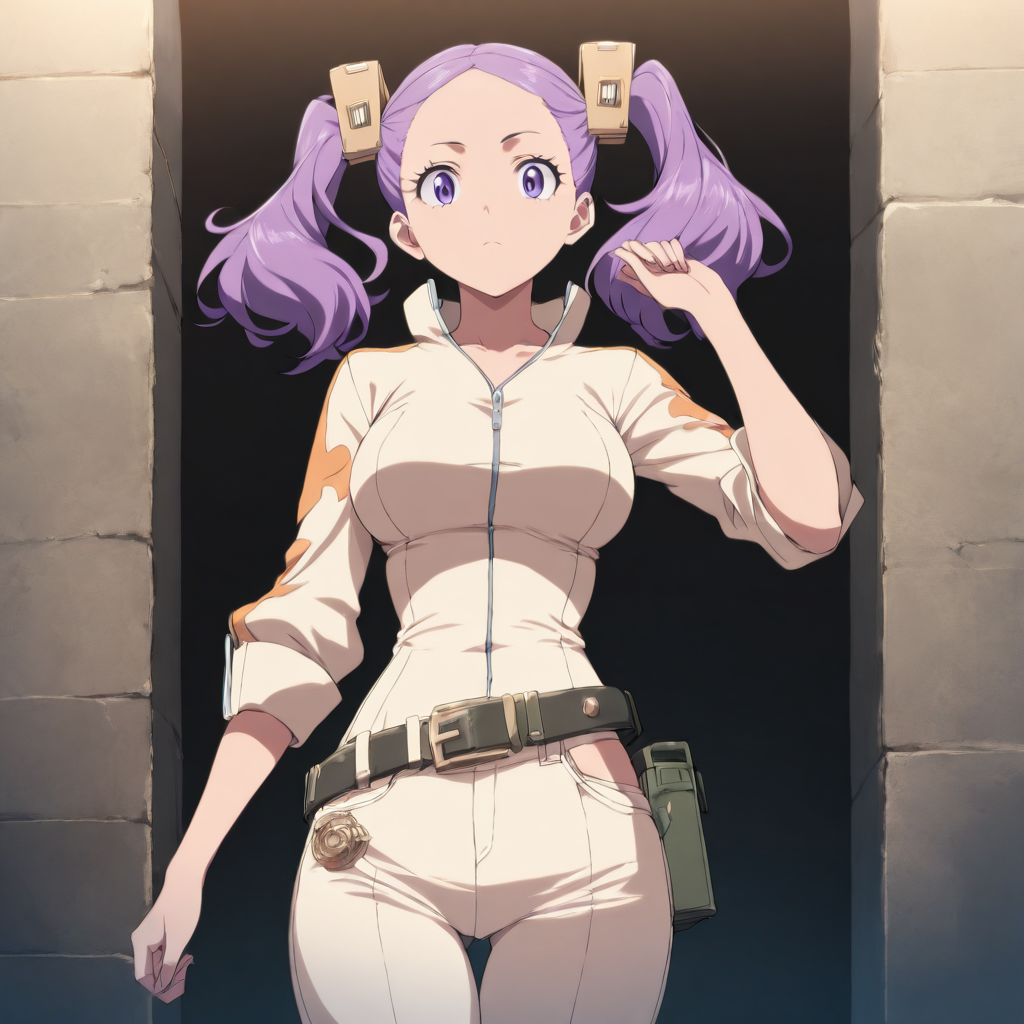 1girl,solo,looking at viewer,cowboy_shot,masterpiece,high score,great score,absurdres,<lora:Wahanly_Shume ag4o v1:1> wahanly_shume, purple hair, twintails, purple eyes,belt,pants,one-piece clothing,