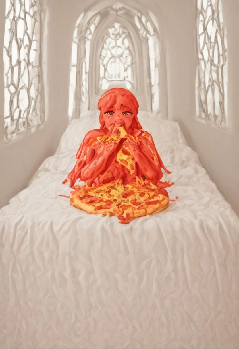 red slime girl ((eating pizza)) pizzasdx, looking at viewer (pizza melting:1.5) medieval bedroom background, masterpiece, full body sitting on bed, white bed, bed, white sheets, window, good light, perfect hands, good hands (hands on pizza)