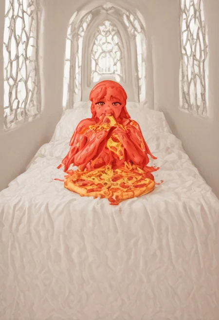 red slime girl ((eating pizza)) pizzasdx, looking at viewer (pizza melting:1.5) medieval bedroom background, masterpiece, full body sitting on bed, white bed, bed, white sheets, window, good light, perfect hands, good hands (hands on pizza)