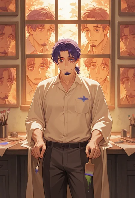 1boy, mbti_intp, mature man, purple eyes, droopy eyes, eye bags, tied hair, goatee, holding a paintbrush, standing in a sunlit atelier, surrounded by canvases, wearing a paint-splattered linen shirt, thoughtful expression, soft window light, warm color palette, artistic details, charmingly disheveled