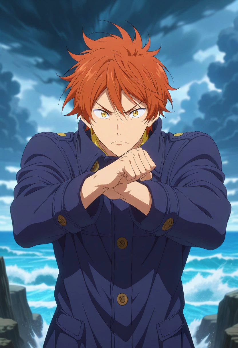 masterpiece, best quality, , anime screencap, anime coloring, official style, looking at viewer, 1boy, solo, male focus, <lora:momotarou_mikoshiba_ilxl:0.96>, momotarou_mikoshiba, orange hair, yellow eyes, stormy coastline, crashing waves, wind caves, rocky cliffs, bracing pose, resilient expression, storm clouds, pea coat,