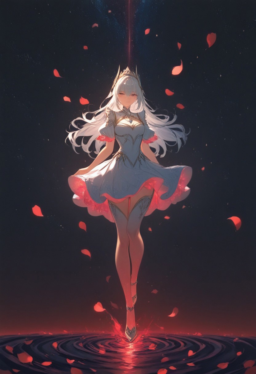 A beautiful woman stands at the edge of a vast, starry void, her form beginning to dissolve into a swirling storm of black, gold, silver, and red rose petals. Her face is serene, almost ethereal, as if she’s accepted her transformation. Her long hair flows gently in an otherworldly breeze, and her eyes, filled with a mix of sadness and wonder, gaze into the infinite cosmos. As the petals break away from her body, they are caught in a cosmic whirlwind, spiraling upward into the darkness. The black petals shimmer faintly, their edges glowing with gold and silver, while the red petals burn like embers, leaving trails of fiery light. The stars around her pulse and twinkle, their light reflecting off the petals and creating a mesmerizing dance of shadows and light. The atmosphere is a perfect blend of melancholy and beauty, capturing the woman’s transition from the physical world to the cosmic unknown. The scene is both haunting and enchanting, as if she’s becoming one with the universe itself." Additional details for refinement: Style: Hyper-realistic or semi-realistic, with a focus on atmospheric lighting and fluid motion. Lighting: Soft, cosmic light with glowing highlights on the petals and stars. Color palette: Deep blacks, shimmering golds and silvers, and fiery reds (petals), with shimmering whites and blues (stars). Mood: Melancholic, mystical, and awe-inspiring, with a sense of transcendence and beauty.
