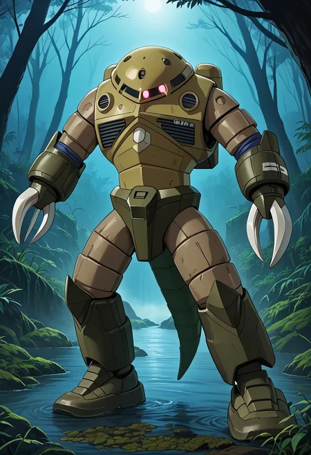 score_9, score_8_up, score_7_up, source_anime, cowboy shot, side view, BREAK, ( zgok, green_zgok_armor, pink monoeye, full body, looking at viewer, combat pose, ballast tanks on back, green zgok, weathering, green scales, crocodile texture, legs apart, 3 fingers, ) 1mech, mech focus, solo, BREAK, swamp, bayou, fog