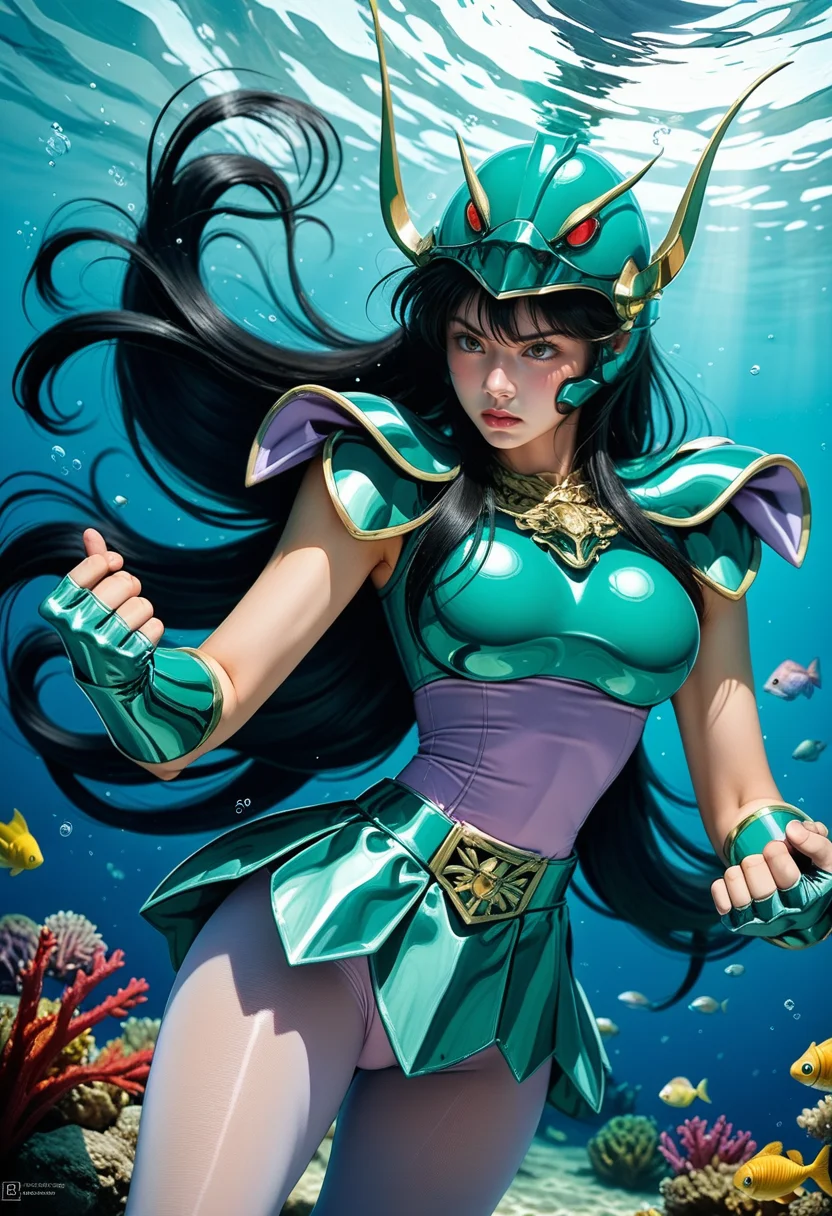 score_9,score_8_up,score_7_up,8k,pretty face,detailed face,detailed eyelashes,get eyebrows,heavy make-up,dynamic pose,outdoors,atlantis,seabed,(underwater:1.3),sea fish,large breasts,slim waist,wide hips,1girl,((intricate)),<lora:saintseiya5-pony-v80-000006:0.8>,bubble,
cowboy shot,1gshiryu,long hair,armor,very long hair,black hair,medium breasts,gloves,skirt,green armor,shoulder armor,breastplate,helmet,pantyhose,belt,skin tight,clenched hand,fingerless gloves,vambraces,pauldrons,clenched hands,leotard,