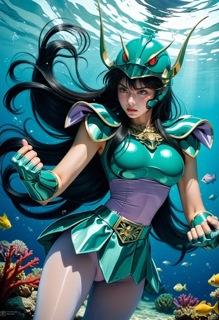 score_9,score_8_up,score_7_up,8k,pretty face,detailed face,detailed eyelashes,get eyebrows,heavy make-up,dynamic pose,outdoors,atlantis,seabed,(underwater:1.3),sea fish,large breasts,slim waist,wide hips,1girl,((intricate)),<lora:saintseiya5-pony-v80-000006:0.8>,bubble,
cowboy shot,1gshiryu,long hair,armor,very long hair,black hair,medium breasts,gloves,skirt,green armor,shoulder armor,breastplate,helmet,pantyhose,belt,skin tight,clenched hand,fingerless gloves,vambraces,pauldrons,clenched hands,leotard,