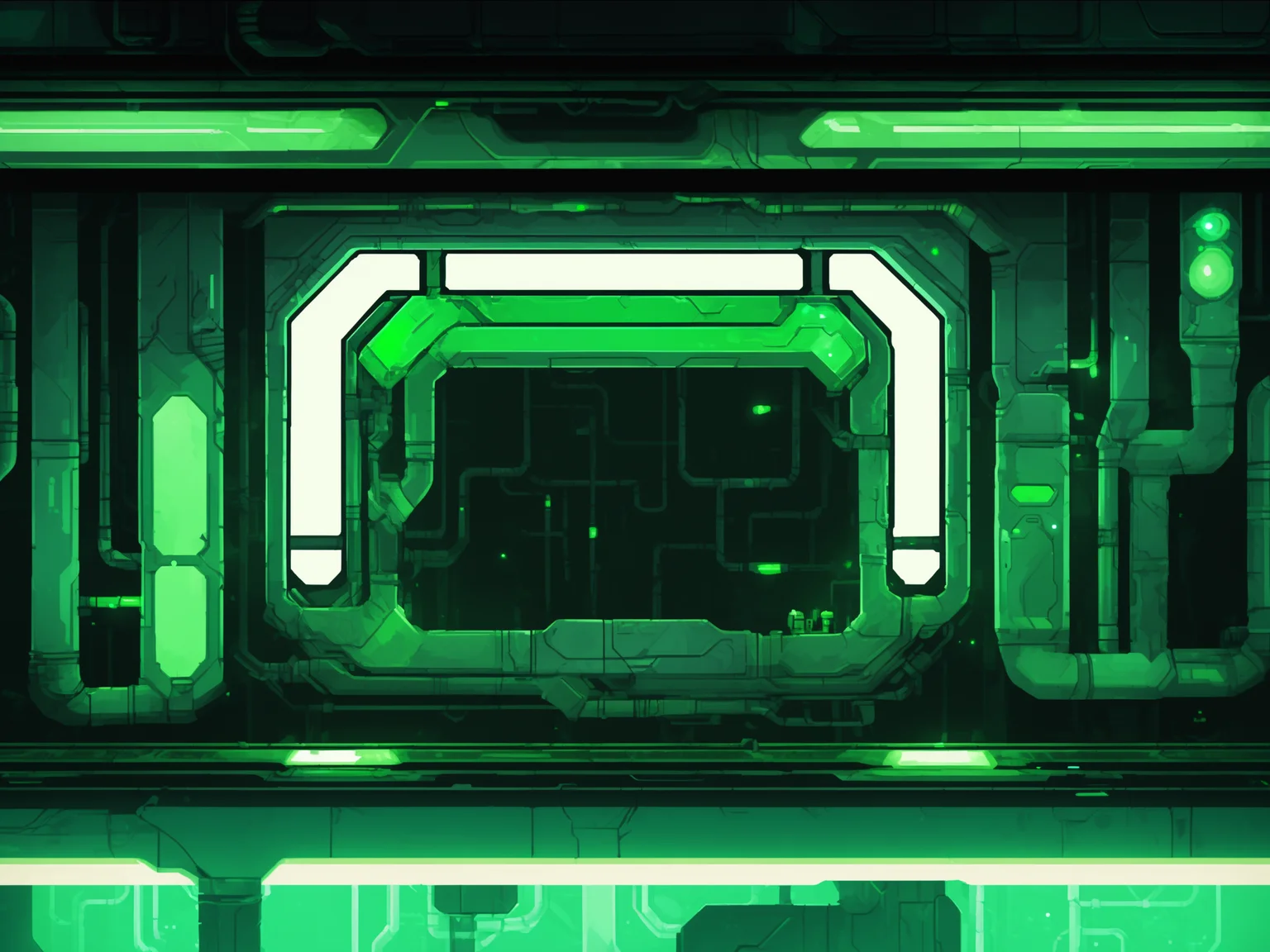NH2D, NH2D, a futuristic looking room with a lot of green lights and pipes on the walls and flooring on the walls,<lora:2dmap:0.6>