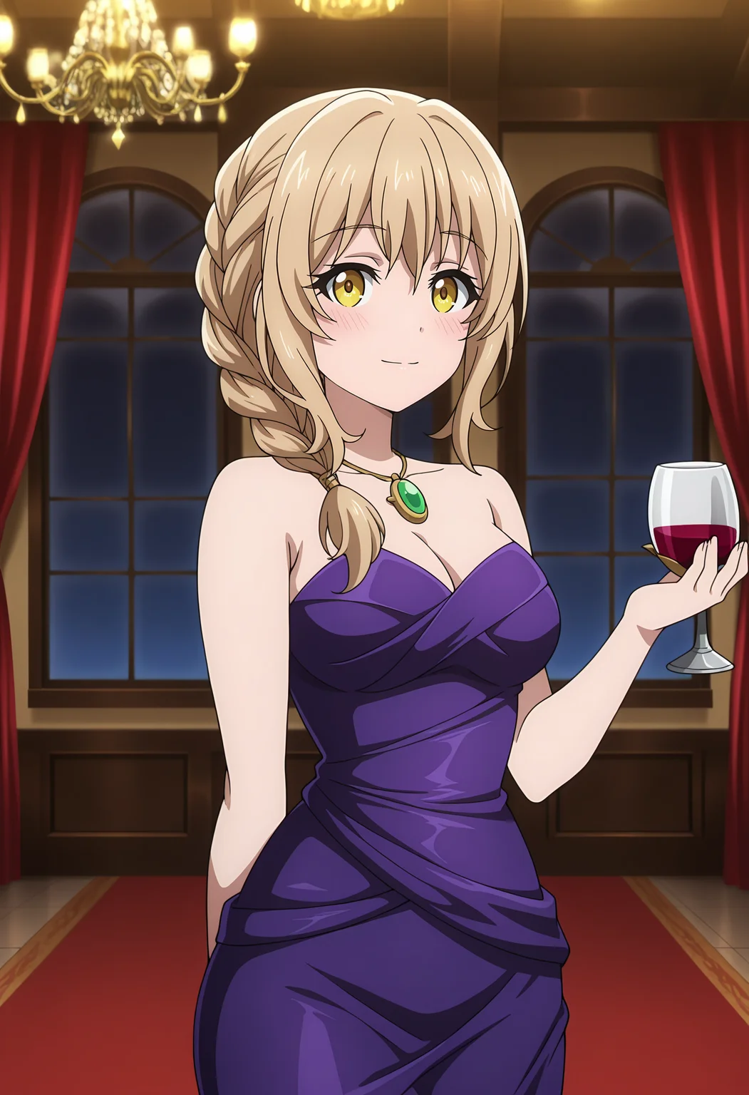 anime screencap, masterpiece, best quality,
<lora:GoblinSlayer_Receptionist_IlluXL:0.9>,
1girl, solo, closed mouth, light smile, blush,
side ponytail, braided ponytail, hair over shoulder, long hair, light brown hair, yellow eyes,
pendant, sleeveless dress, strapless dress, purple dress,
holding cup, red wine,
standing, looking at viewer, cowboy shot, 
blurry background, indoors, curtains, chandelier, window