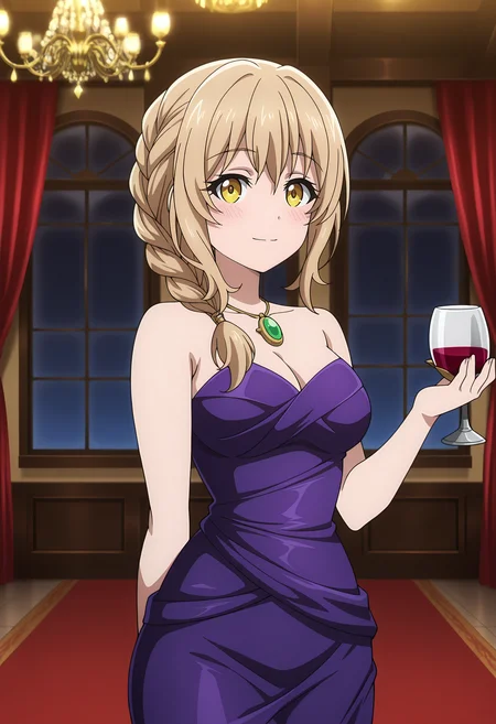 anime screencap, masterpiece, best quality,
<lora:GoblinSlayer_Receptionist_IlluXL:0.9>,
1girl, solo, closed mouth, light smile, blush,
side ponytail, braided ponytail, hair over shoulder, long hair, light brown hair, yellow eyes,
pendant, sleeveless dress, strapless dress, purple dress,
holding cup, red wine,
standing, looking at viewer, cowboy shot,
blurry background, indoors, curtains, chandelier, window