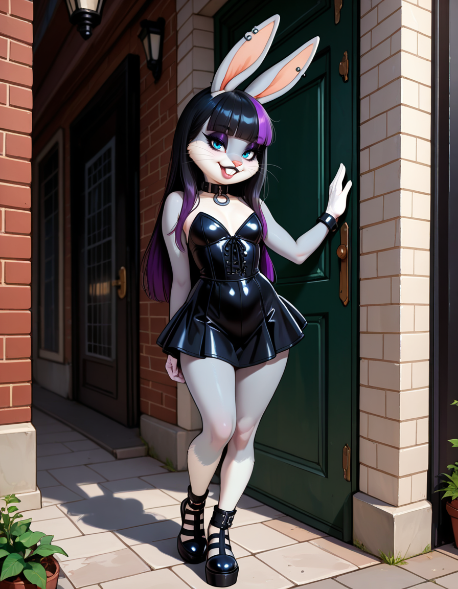 masterpiece, best quality, very aesthetic, absurdres,
outdoors, goth fashion, 
full body, posing, standing, 
seductive smile, parted lips, long eyelashes,
<lora:Goth_Bugs_Bunny_v01_NAIXL:1>
G07h88,1girl,solo,furry,furry female,rabbit girl,rabbit ears,long hair,multicolored hair,black hair,purple hair,blunt bangs,rabbit ears,piercing,blue eyes,makeup,eyeshadow,snout,animal nose,whiskers,buck teeth,collar,body fur,two-tone fur,grey fur,white fur,rabbit tail,